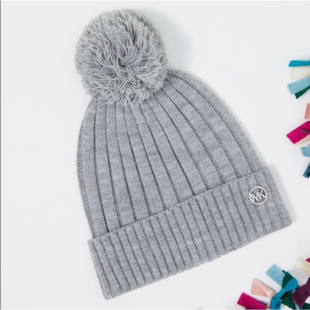 Michael Kors gray knit beanie with pom pom